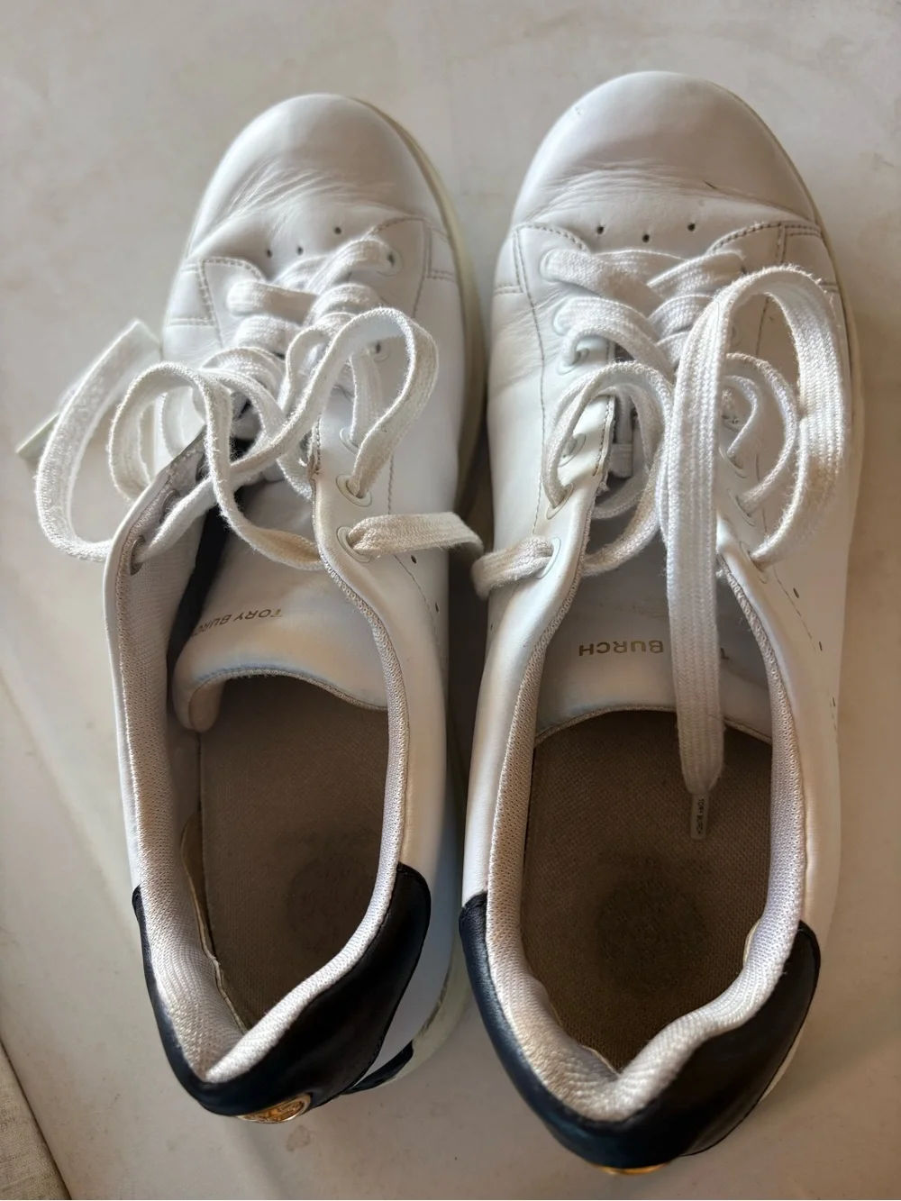 Tory Burch White Leather Sneakers with Black Heel Patch and Gold Emblem